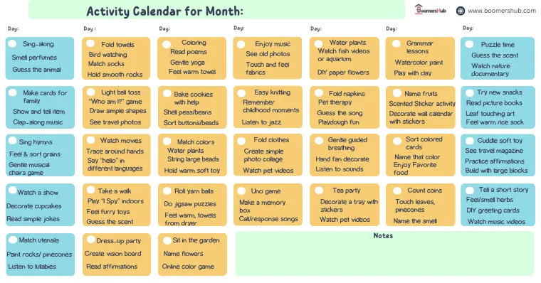 This is an activity calendar for caregivers to plan each day for their seniors with dementia. There are around 101 activities for dementia patients here.